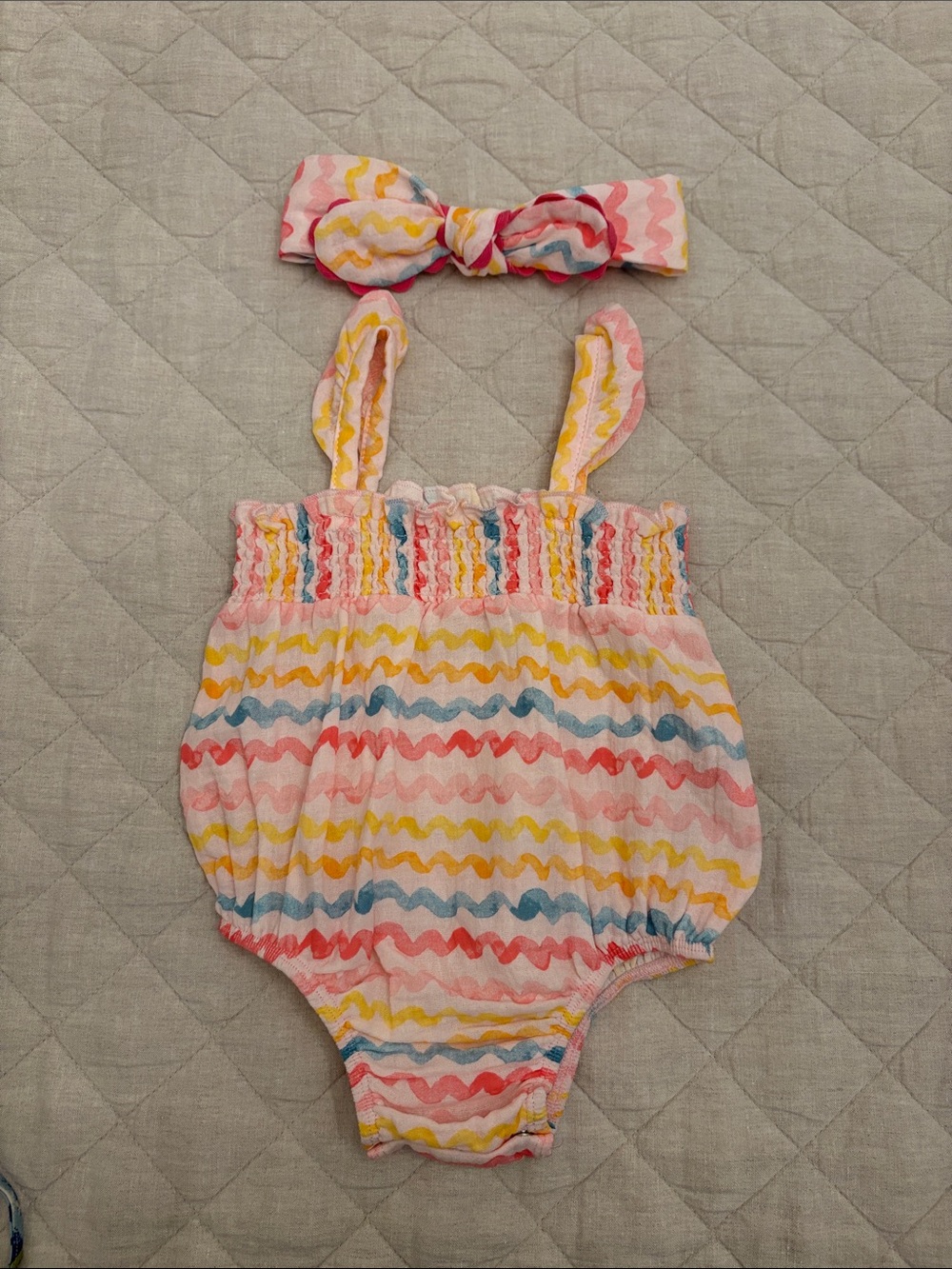 NWOT Mud Pie Pink Multicolor Wavy Stripe Baby One-Piece with Knot Headband